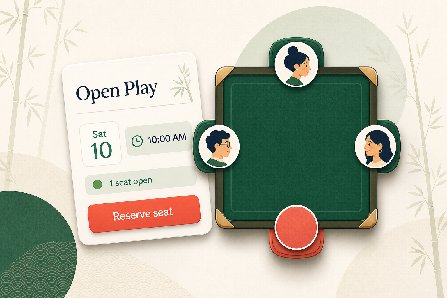 An Open Play session card beside a top-down table with three player avatars and one open seat